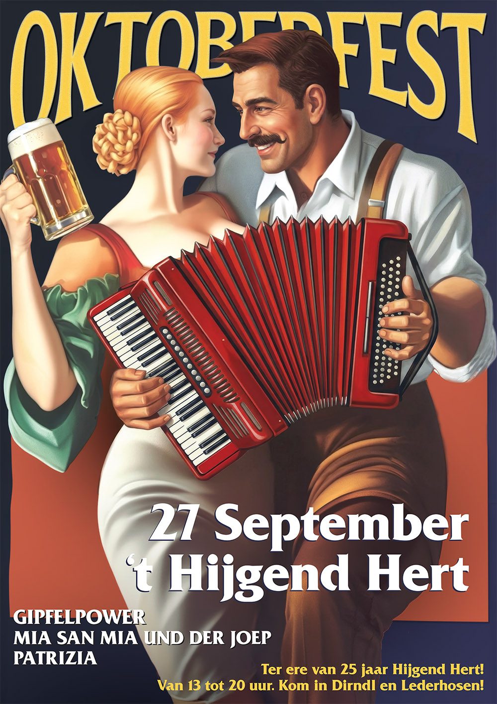 Poster Oktoberfest: zondag 27 september, 13.00 tot 20.00 uur bij boscafé 't Hijgend Hert in Vijlen, met Gipfelpower, Mia San Mia und der Joep, Patrizia en daarna een DJ.